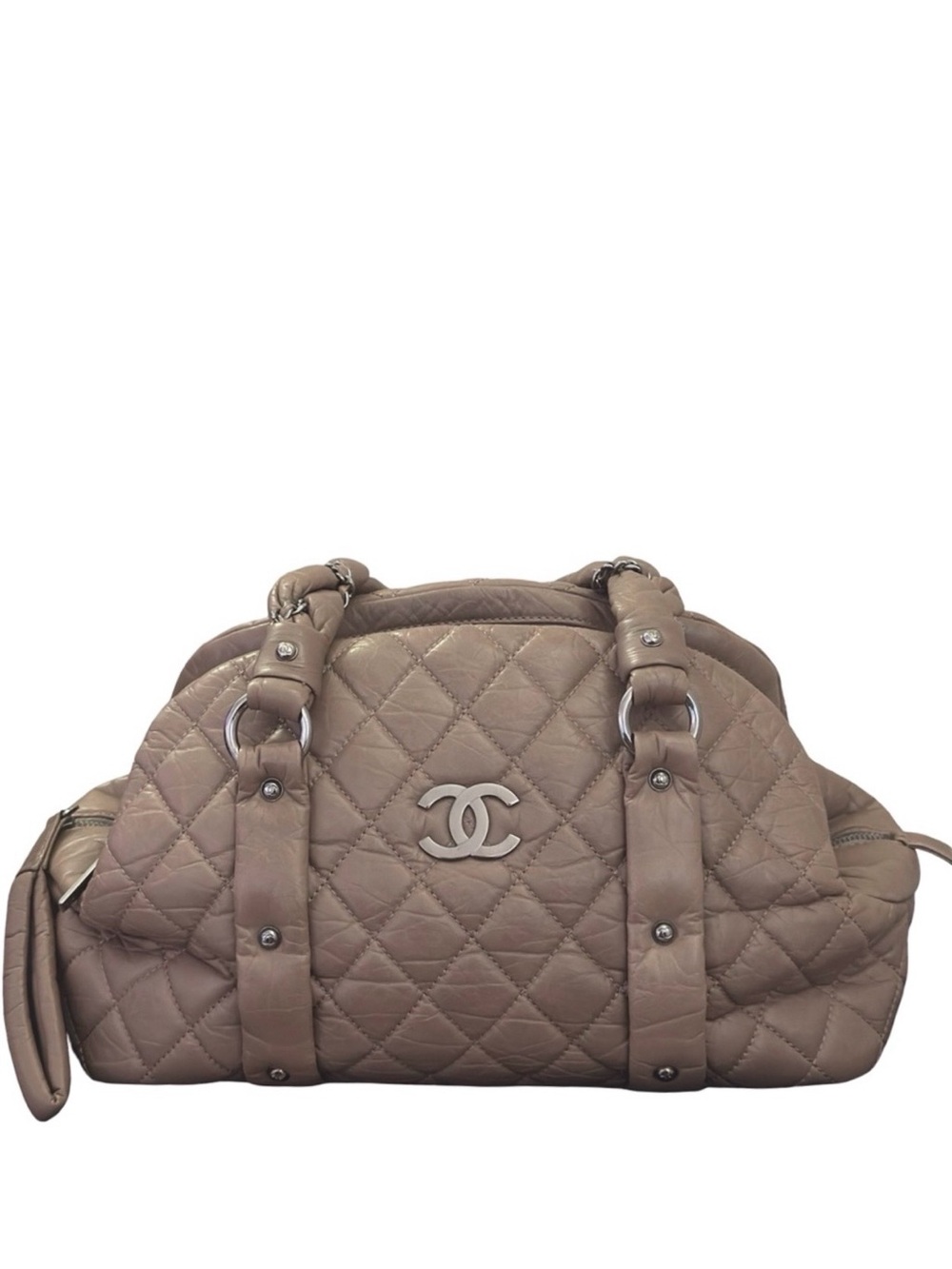 Chanel Lady Braid Bowler Bag Distressed Lambskin Taupe Quilted Satchel 13” - Picture 7 of 12